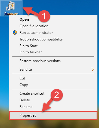 Opening the program's shortcut properties window