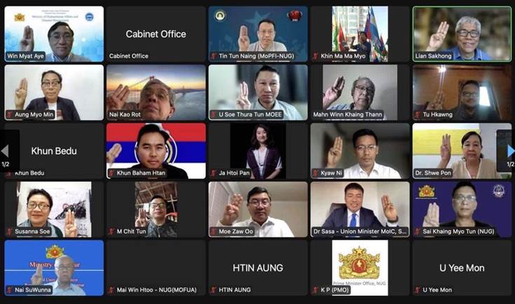 May be an image of 17 people and text that says "가라 បសរ្រុ្្រ្រុន្ន Win Myat Aye Cabinet Office Cabinet Office Tin Naing (MoPFI-NUG) Khin Aung Myo Min a M Myo Nai Kao Rot Lian Sakhong U Soe Thura Tun MOEE 1/2 Khun Bedu nhun Bedu Mahn Winn Khaing Thann Khun Baham Htan Tu TuHkawng Ja Htoi Pan Susanna Soe Kyaw Ni M Chit Tun Dr. Shwe Pon stry Moe Zaw Oo Ley Nai SuWunna Dr Sasa Union Minister MolC, MaiWinHtoo-NUG(MOFUA) Mai Win Htoo NUG(MOFUA) Sai Khaing Myo Tun (NUG) HTINAUNG HTIN AUNG HTIN AUNG Minister Office, NUG KP (PMO) บ Yee Mon บ Yee Mon"